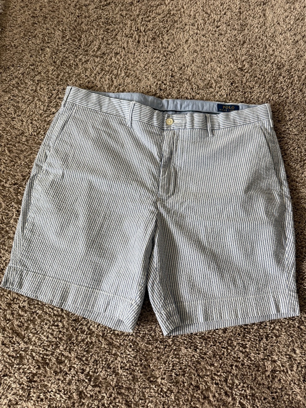 Polo by Ralph Lauren White and Blue Seersucker Flat Front Shorts